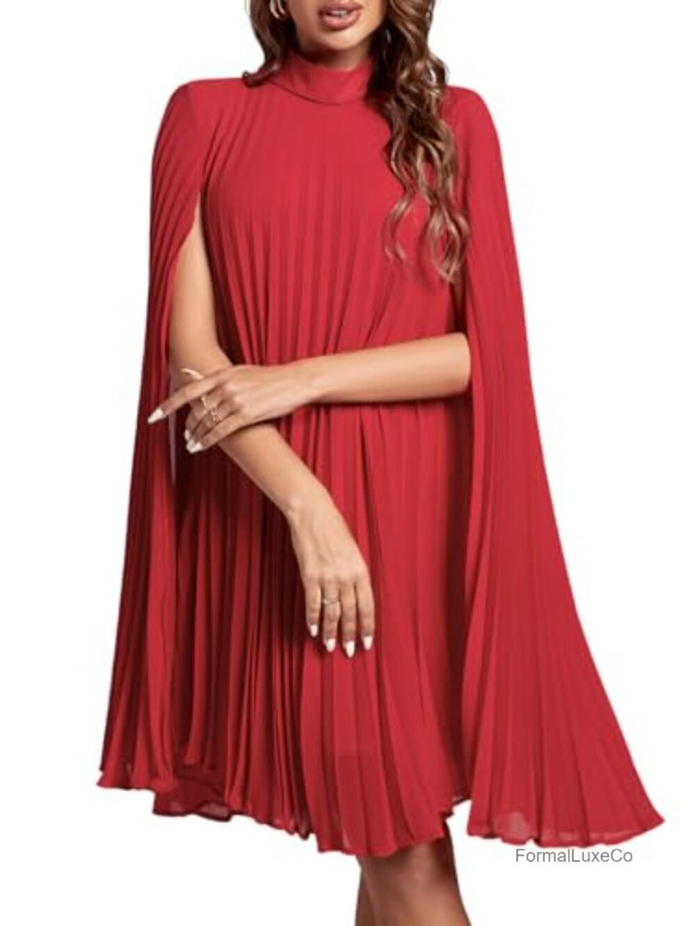 Rooscier Women's Cloak Sleeve Party Midi Dress, Mock Neck Long Sleeve Pleated